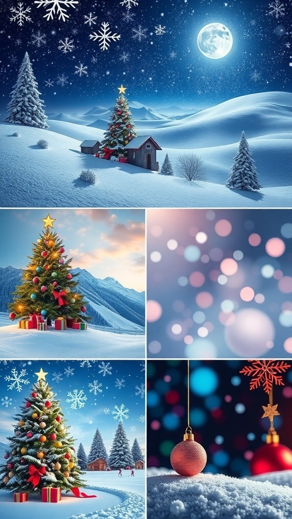 A variety of Christmas laptop backgrounds featuring snowy scenes, Christmas trees, and holiday decorations.